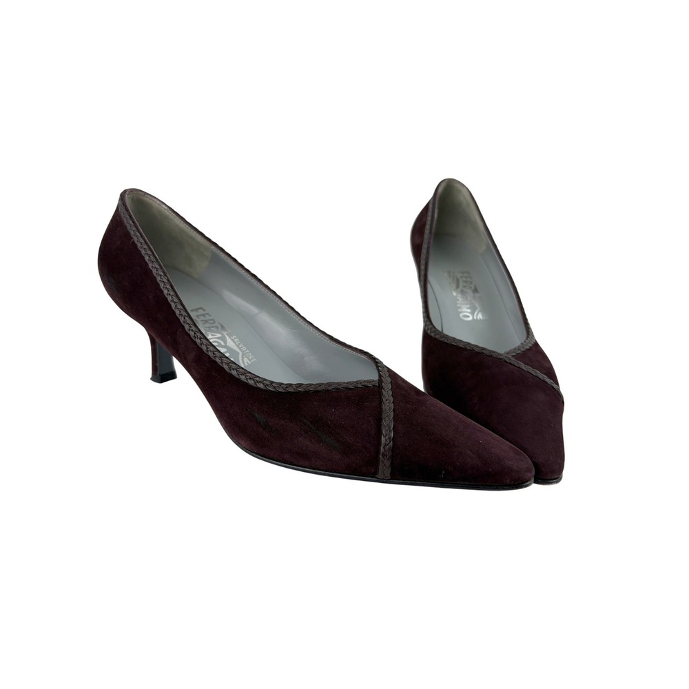 Salvatore Ferragamo Brown Suede Court Shoes Size 7B Pointed Toe Leather Piping - Picture 1 of 11